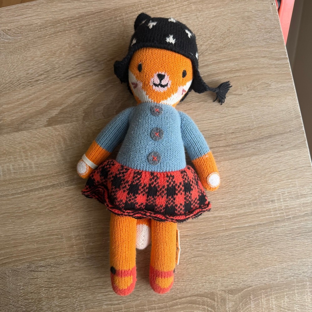 Cuddle + Kind Quinn the Fox Hand Knit Plush Doll Orange Blue‎ Plaid Skirt Peru